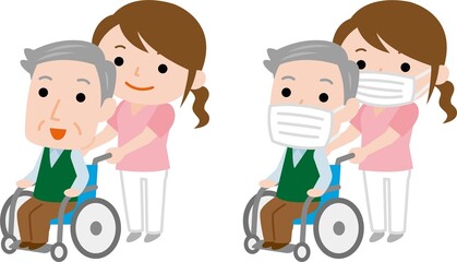 車椅子のおじいさんと女性介護士