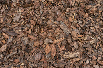 Pine Bark Mulch. A pile of wood chips to be used as landscaping mulch