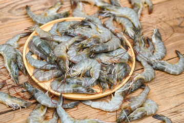 raw shrimp on wooden plate and shrimps background for cooking, close up fresh shrimps or prawns, seafood shelfish