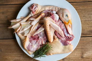 Garden poster Beijing Raw duck breast leg feet wing duck head with spices herb rosemary to cook on white plate, Fresh duck meat for food , poultry meat parts