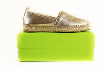 espadrille shoe on green box