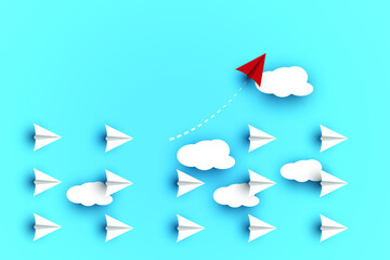 Business for innovative solution concept. Group of white paper plane in one direction and one red paper plane pointing in different way