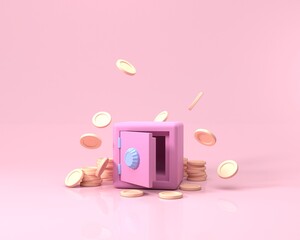 3D Safe box with fall coin and stacks coins on pink background. Minimal style money saving and business investment profit concept. 3d render illustration. 