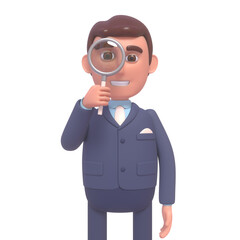 3d render of cheerful businessman holding magnifying glass