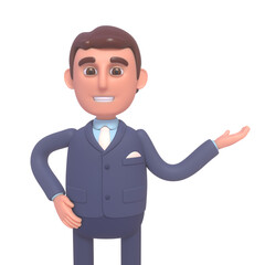 3d render of cheerful businessman in suit pointing with hand to side, advertise, promote