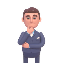 3d render of businessman in suit thinking, unsure, doubtful