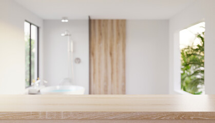 Fototapeta na wymiar Tabletop for product display with blurred bathroom interior.
