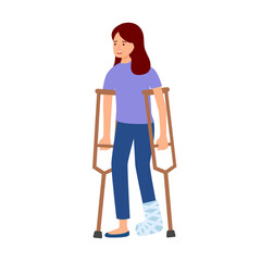 Young woman with broken leg in flat design on white background.