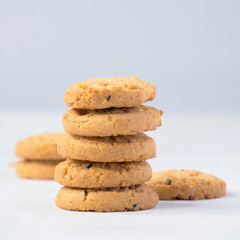Fresh cookies bread on white background. Healthy eating breakfast.