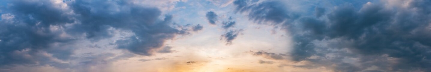 Dramatic panorama sky with storm cloud on a cloudy day. Panoramic image.