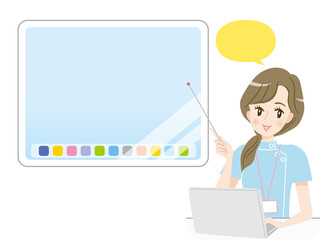タブレット画面で説明する若い医療従事者の女性