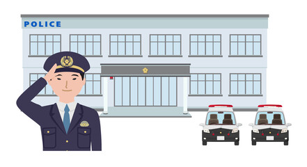 警察署の前で敬礼している制服の男性警察官
