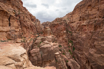 Fototapeta premium Rocky sandstone mountains landscape in Jordan desert near Petra ancient town, Jordan