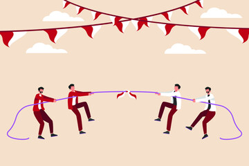 Indonesia people doing tug of war competition on Indonesia independence day. Indonesian Independence Day concept. Flat vector illustration isolated.