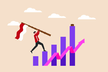 Indonesian youth holding the stick of the Indonesian flag to the highest peak. Indonesian Independence Day concept. Flat vector illustration isolated.