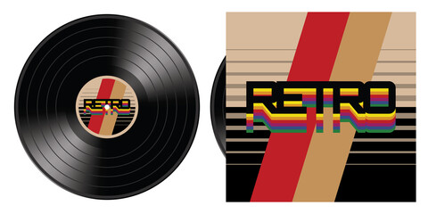 Black vinyl LP ( analog phonograph record disk ), isolated on white background, with word 'Retro' and stylized art on album sleeve cover and disc label. Vector illustration.