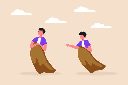 Teams play against each other to play sack racing. Indonesian Independence Day concept. Flat vector illustration isolated.