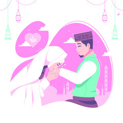 romantic muslim wedding couple illustration