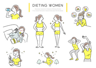 Naklejka premium ベクターイラスト素材：ダイエットする女性、人物セット 