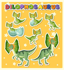 Set of cute dilophosaurus dinosaur cartoon characters