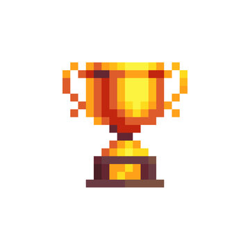 Winner's Trophy Award. Goblet Pixel Art Icon. Sports Competitions. Game Tournament Emblem. Golden Cup. Game Assets. Isolated Abstract Vector Illustration. 8-bit Sprite. 