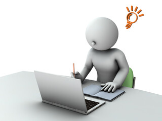 リモート授業で問題を解く生徒。デスクの上のノートパソコン。教科書とメモ帳。画面を見て理解する。