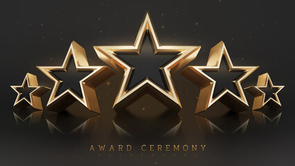 Award ceremony background with 3d gold star element and glitter light effect decoration.