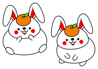 卯年 年賀状素材 可愛いうさぎの鏡餅 イラスト セット ベクター