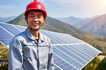 Smiling Asian worker standing in front of mountain solar photovoltaic