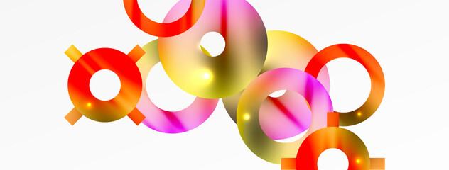 Minimal geometric abstract background. Shiny and glossy circle, line and round shapes design. Trendy techno business template for wallpaper, banner, background or landing