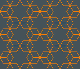 Star shapes and 3d cubes repeating outline pattern in orange color against a dark gray background, geometric vector illustration