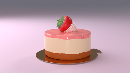 Round  cheesecake garnished with fresh strawberries covered with white chocolate and strawberry coating.
Front view 3d rendering and 3d illustration.