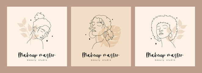 Set of logos design for beauty studio or makeup artist. Abstract woman faces with closed eyes. Hand drawn outline female silhouettes. Vector illustration in one line drawing style.