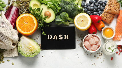 Dash flexitarian mediterranean diet on light background. - obrazy, fototapety, plakaty