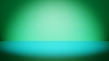 Empty green room and celeste floor illuminated by abstract front light with deep shadows, and smooth floor and spotlight product display stage on presentation platform