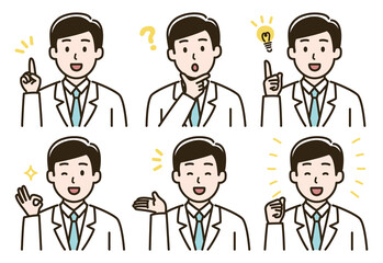 白衣を着た男性の表情バリエーションのイラストセット（肌色ありバージョン）