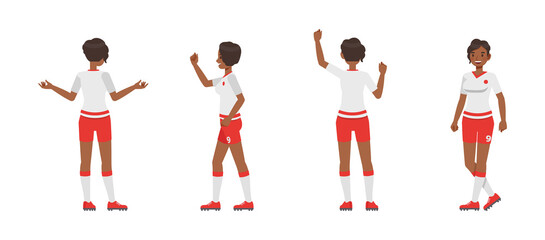 Set of Soccer and football player woman character vector design. Presentation in various action with emotions, running, standing and walking.