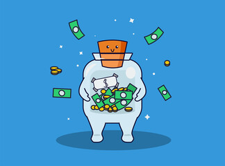 Cute smiling jar with money in flat style. Save money and coins. Vector illustration