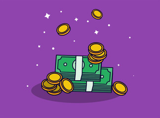 Bundles of money and stacks of coins in flat style. Purple background. Vector illustration.