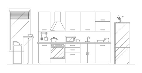 Vector flat illustration, modern kitchen interior. Furniture, kitchenware and utensil. Food preparation equipment, appliances