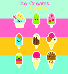 Set of sticker collection of various sweet ice creams. Flat style vector illustration.