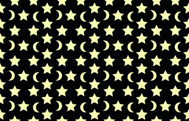 Star pattern, moon, black background, seamless, can be connected in all directions. vector pattern