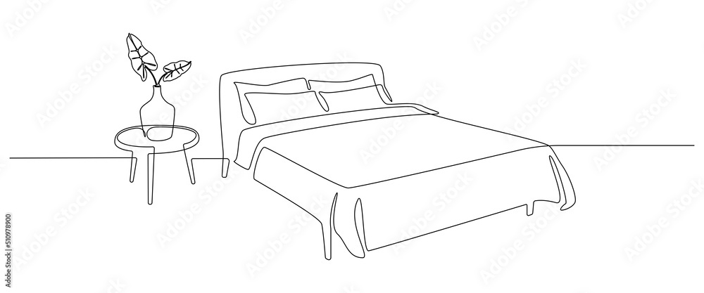 Poster continuous one line drawing of double bed and table with vase and plant. scandinavian stylish furnit