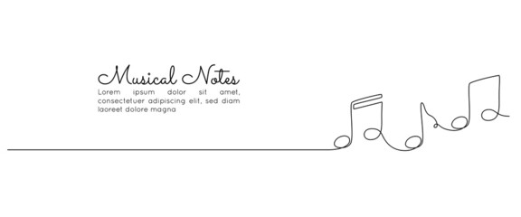 One continuous line drawing of musical notes. Minimalist web banner and logo of music school or vocal concert in simple linear style. Editable stroke. Doodle vector illustration - obrazy, fototapety, plakaty