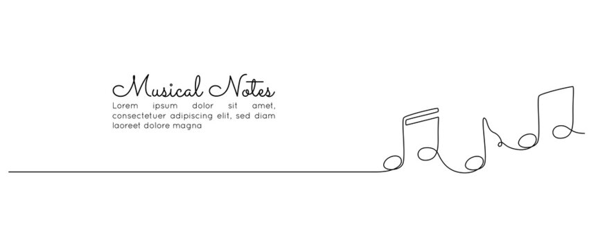 One continuous line drawing of musical notes. Minimalist web banner and logo of music school or vocal concert in simple linear style. Editable stroke. Doodle vector illustration