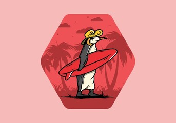 Cute penguin carrying a surfboard on the beach illustration