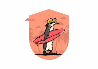 Cute penguin carrying a surfboard on the beach illustration