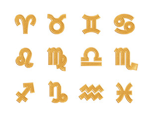 Zodiac signs. Gold icons set with astrology symbols for horoscope template. Shiny metallic zodiac icons collection isolated on white background. 
