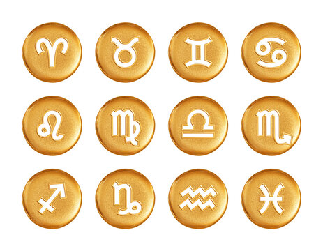 Zodiac signs. Gold icons set with astrology symbols for horoscope template. Shiny metallic zodiac round buttons isolated on white background. 