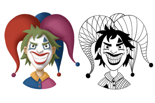 Vector illustration portrait of the joker in multicolored and black and white. A buffoon with a wide sly smile in the style of doodle and linart.